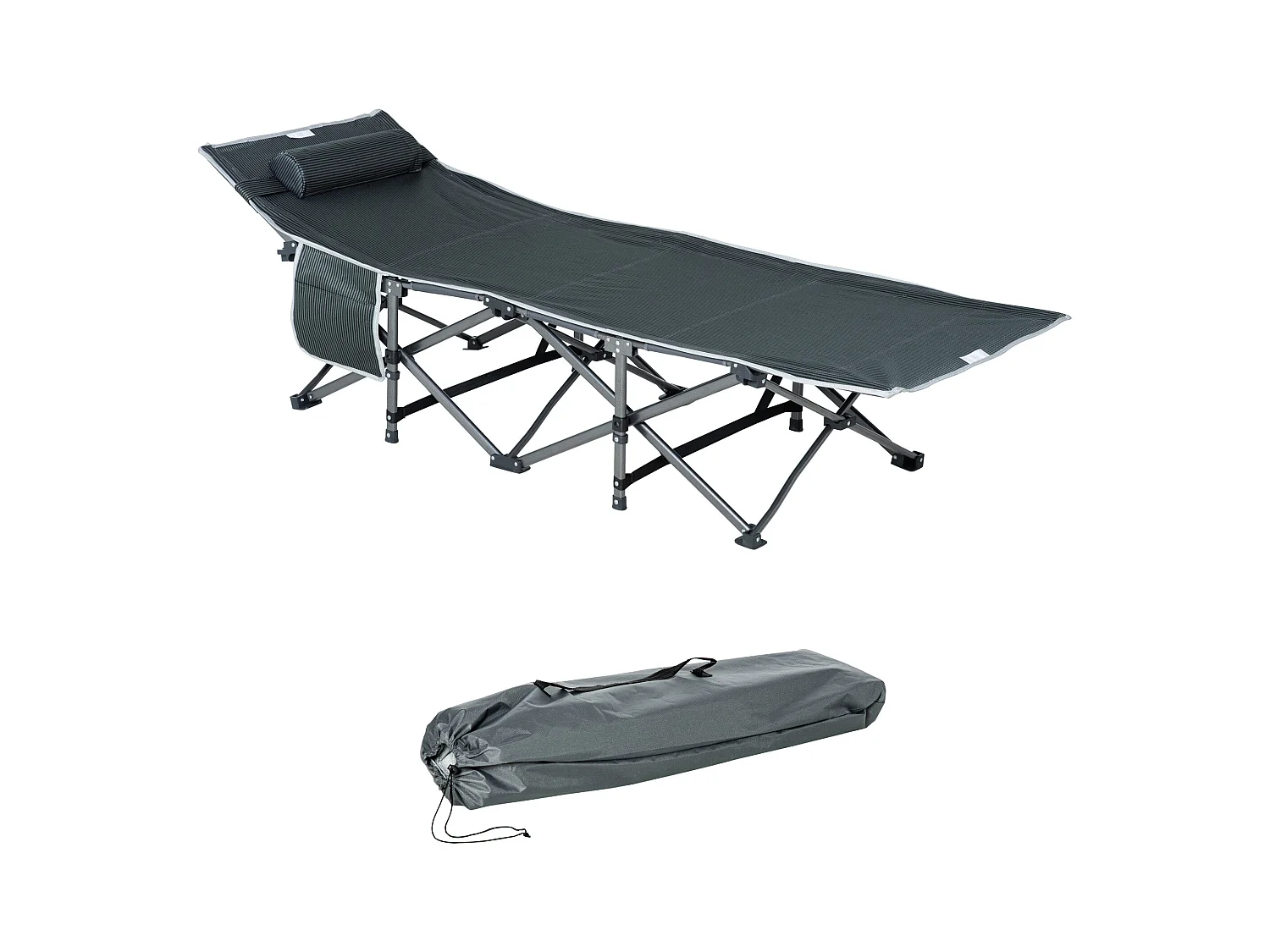 Chaise longue pliable, avec coussin et poche latérale, en métal et tissu Oxford, gris (188x64.5x53 cm)