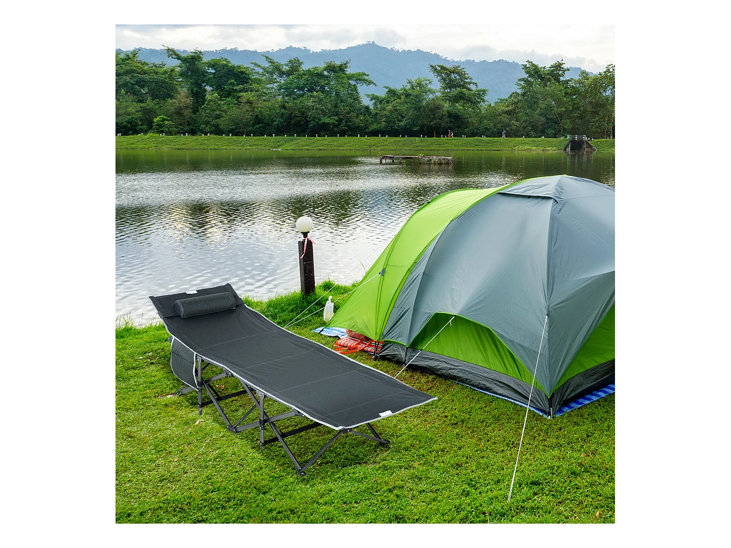 Chaise longue pliable, avec coussin et poche latérale, en métal et tissu Oxford, gris (188x64.5x53 cm)