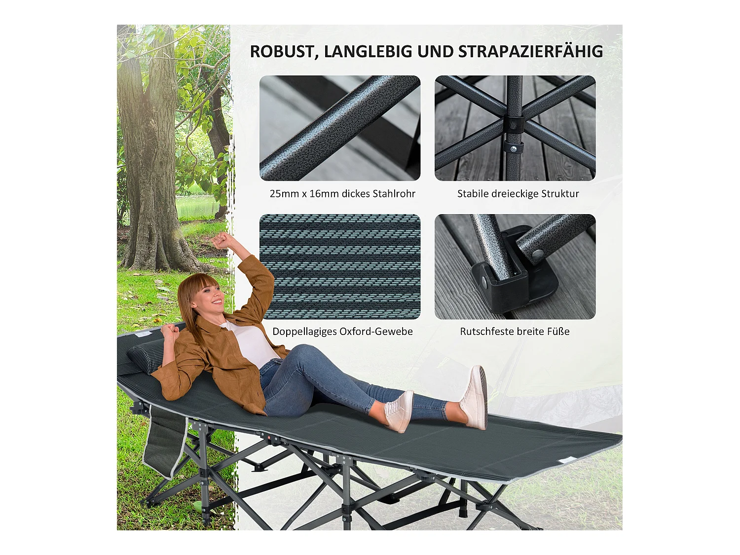 Chaise longue pliable, avec coussin et poche latérale, en métal et tissu Oxford, gris (188x64.5x53 cm)