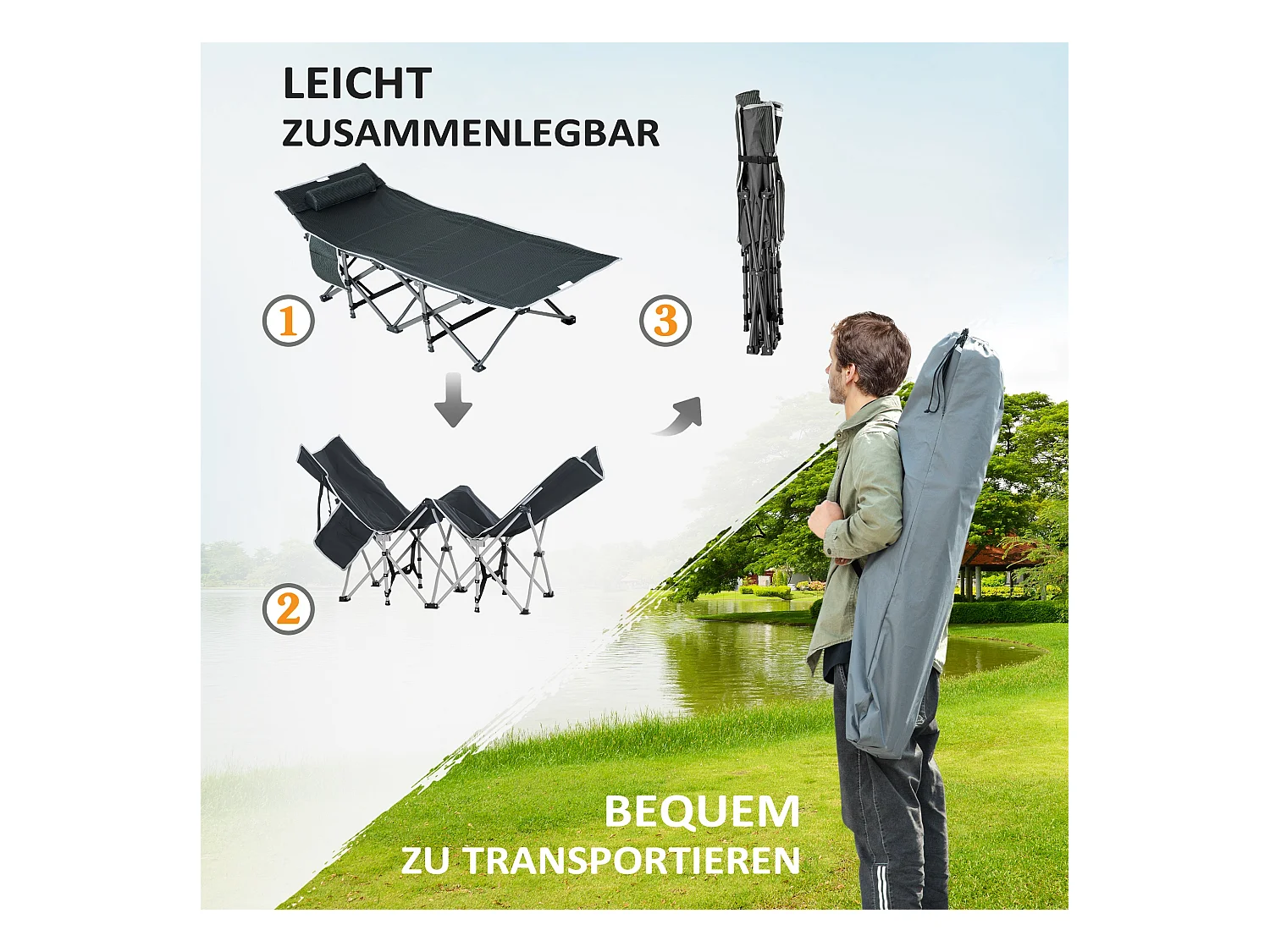 Chaise longue pliable, avec coussin et poche latérale, en métal et tissu Oxford, gris (188x64.5x53 cm)