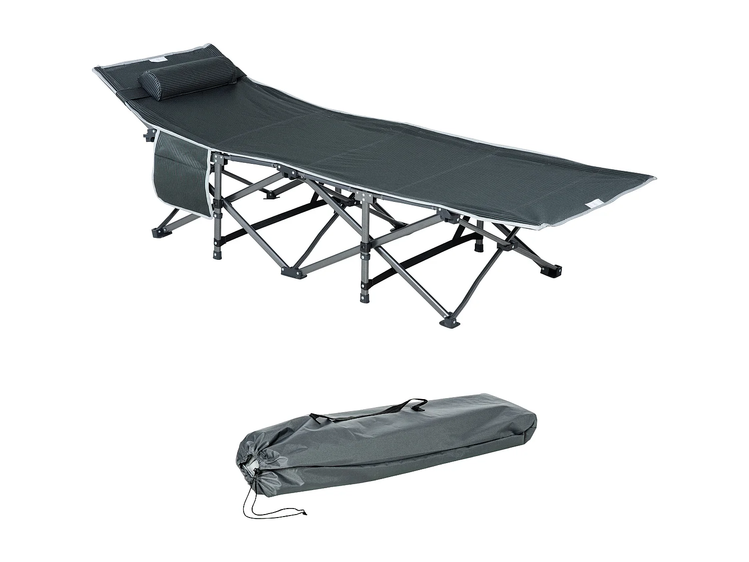 Chaise longue pliable, avec coussin et poche latérale, en métal et tissu Oxford, gris (188x64.5x53 cm)