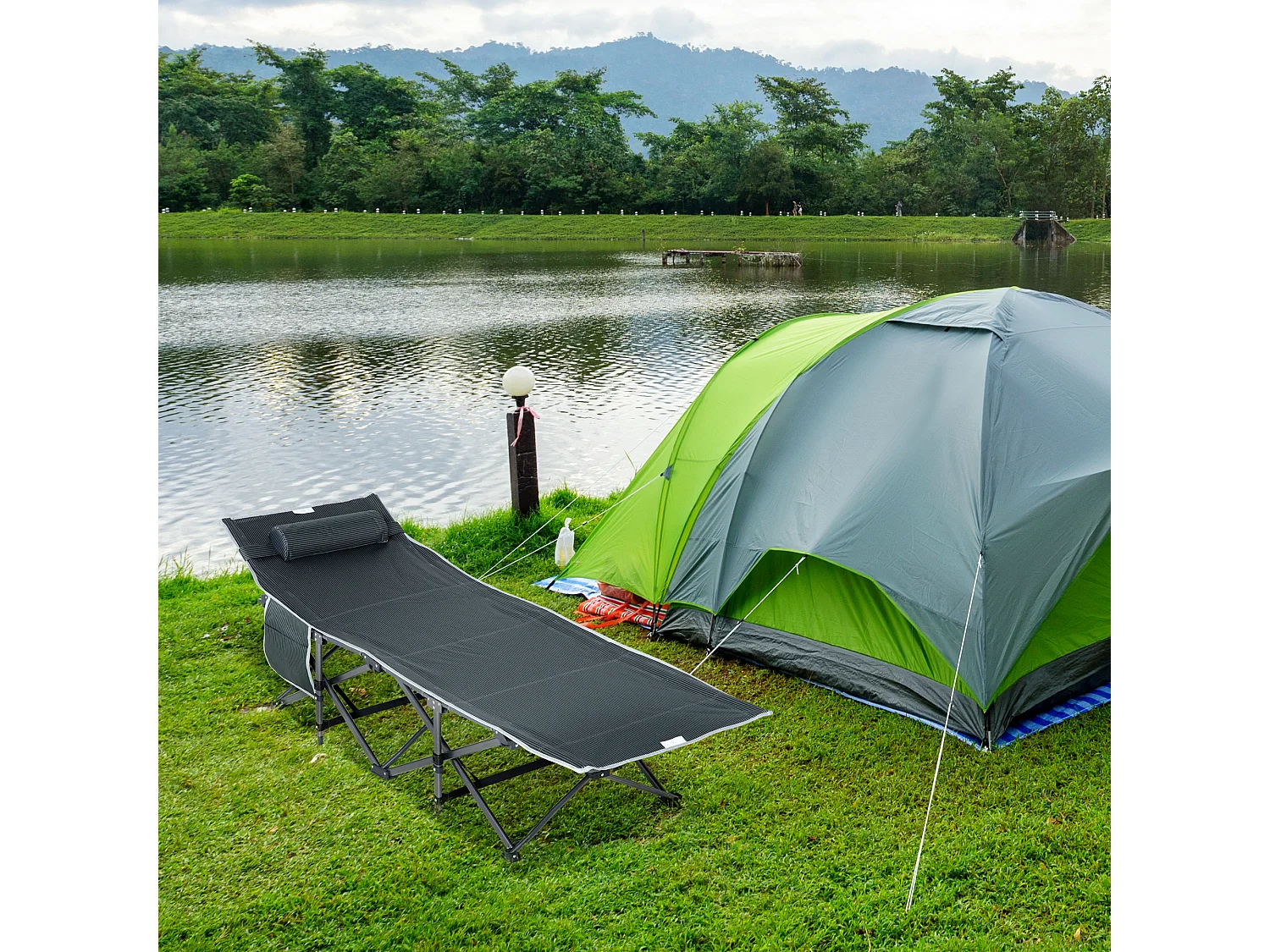 Chaise longue pliable, avec coussin et poche latérale, en métal et tissu Oxford, gris (188x64.5x53 cm)