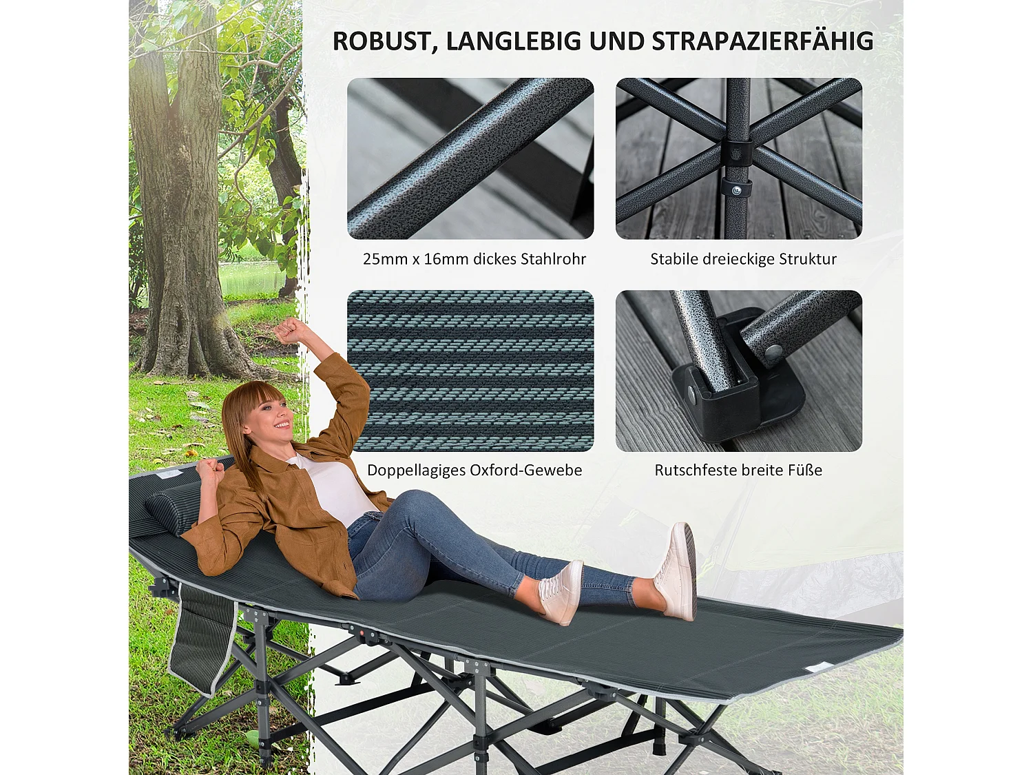 Chaise longue pliable, avec coussin et poche latérale, en métal et tissu Oxford, gris (188x64.5x53 cm)