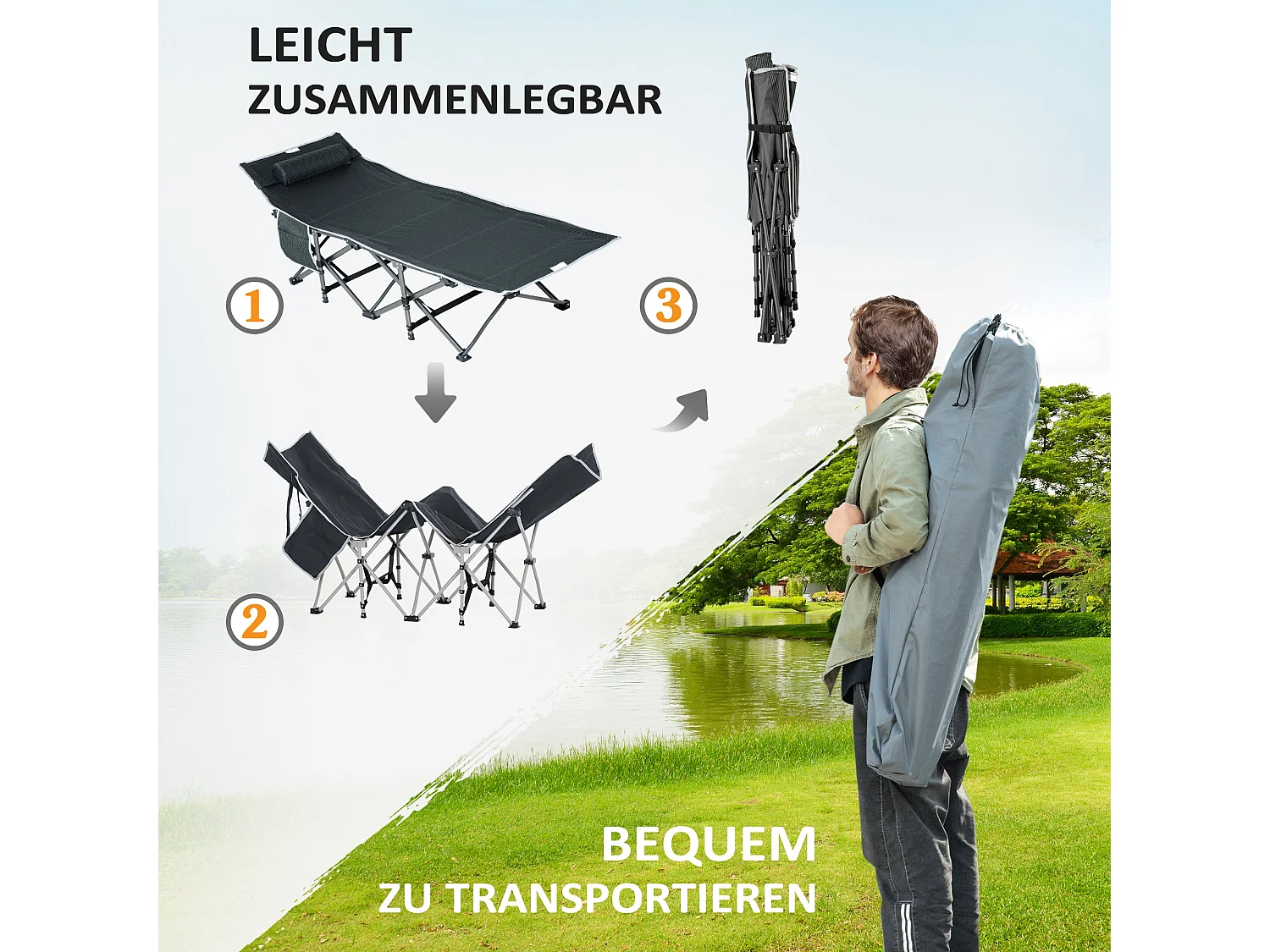 Chaise longue pliable, avec coussin et poche latérale, en métal et tissu Oxford, gris (188x64.5x53 cm)