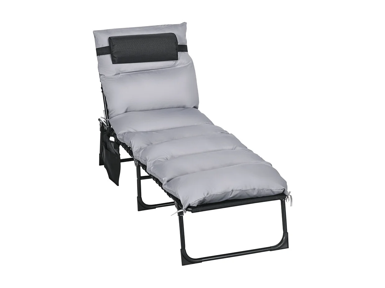 Chaise longue pliable avec coussin, 5 positions réglables, cadre en métal, polyester, gris clair (58x189x32.5 cm)