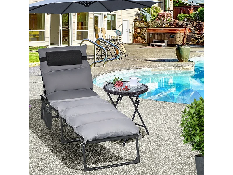 Chaise longue pliable avec coussin, 5 positions réglables, cadre en métal, polyester, gris clair (58x189x32.5 cm)
