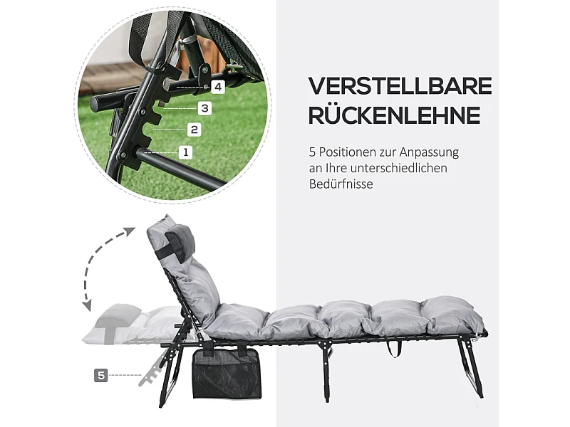 Chaise longue pliable avec coussin, 5 positions réglables, cadre en métal, polyester, gris clair (58x189x32.5 cm)