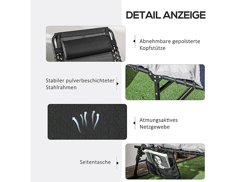 Chaise longue pliable avec coussin, 5 positions réglables, cadre en métal, polyester, gris clair (58x189x32.5 cm)