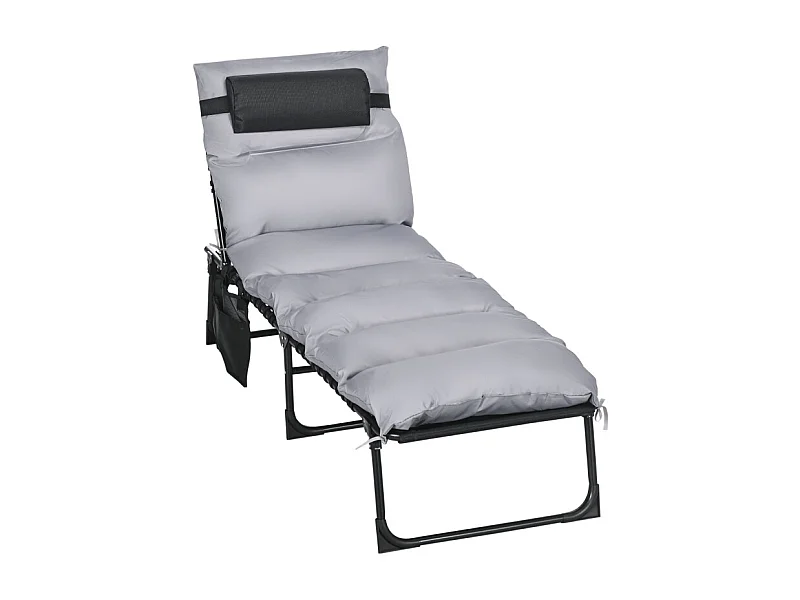 Chaise longue pliable avec coussin, 5 positions réglables, cadre en métal, polyester, gris clair (58x189x32.5 cm)