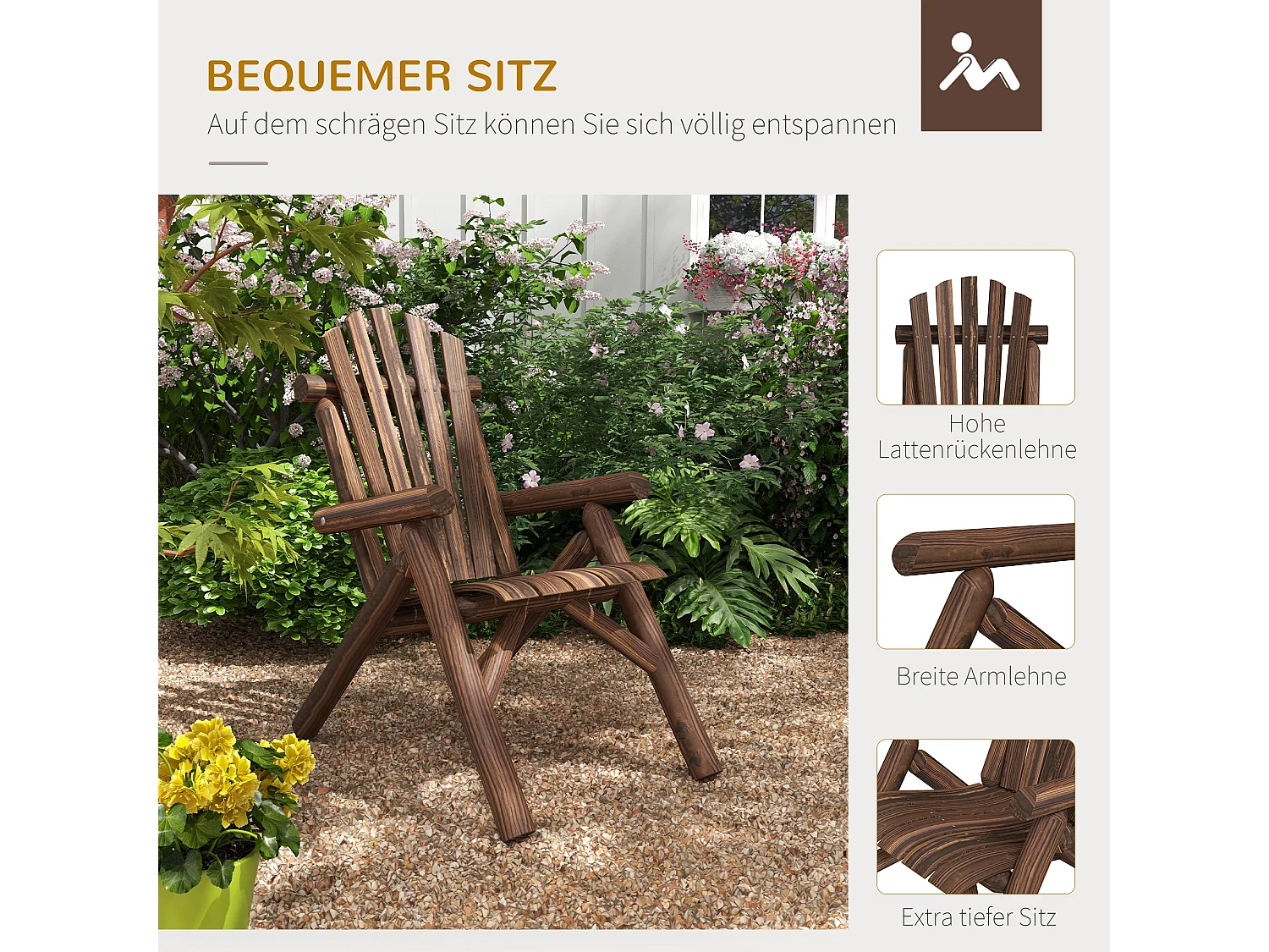 Chaise Adirondack en bois avec accoudoirs, Tanne, couleur brune (83x68x101 cm)