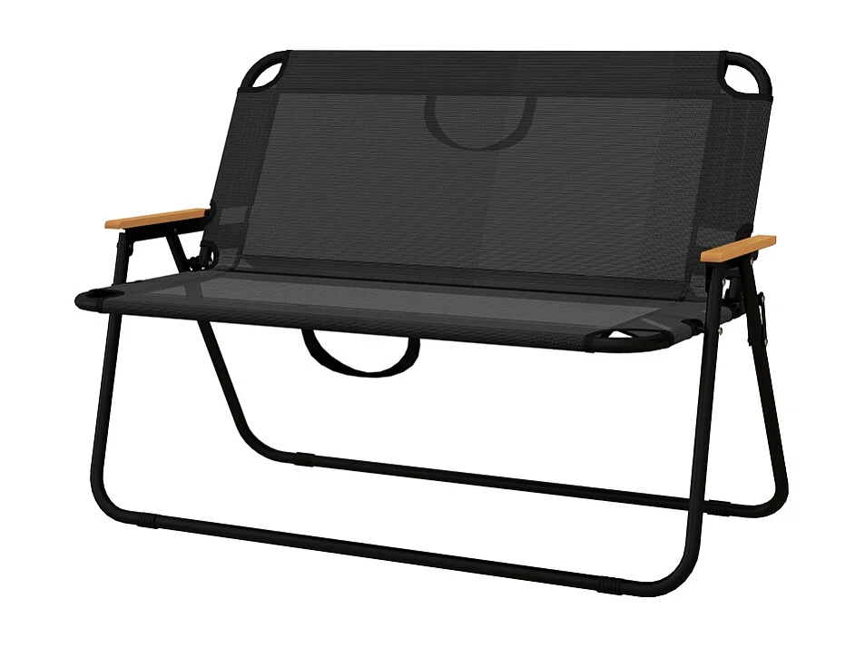 Opvouwbare ligstoel, 2-zits, met houten en kunststof armleuningen, ademende stof, zwart en naturel (108x65x73 cm)