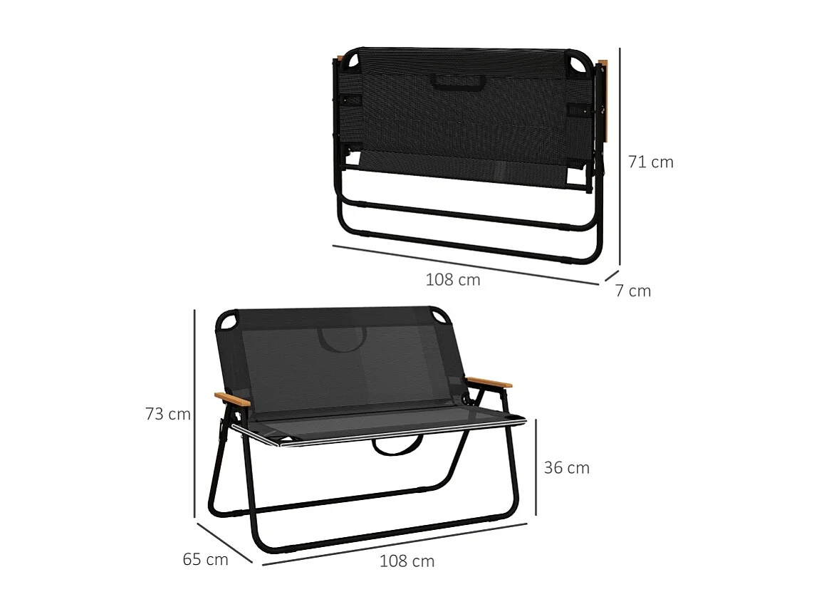 Opvouwbare ligstoel, 2-zits, met houten en kunststof armleuningen, ademende stof, zwart en naturel (108x65x73 cm)