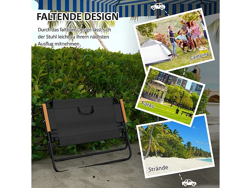 Opvouwbare ligstoel, 2-zits, met houten en kunststof armleuningen, ademende stof, zwart en naturel (108x65x73 cm)