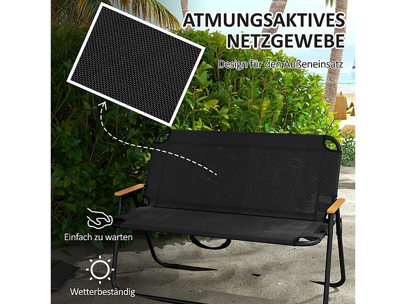 Opvouwbare ligstoel, 2-zits, met houten en kunststof armleuningen, ademende stof, zwart en naturel (108x65x73 cm)