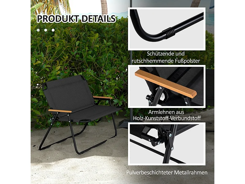Opvouwbare ligstoel, 2-zits, met houten en kunststof armleuningen, ademende stof, zwart en naturel (108x65x73 cm)