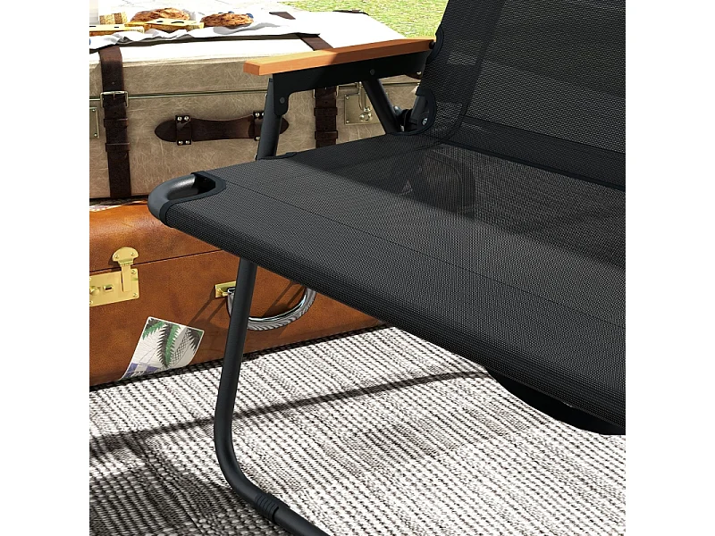 Opvouwbare ligstoel, 2-zits, met houten en kunststof armleuningen, ademende stof, zwart en naturel (108x65x73 cm)