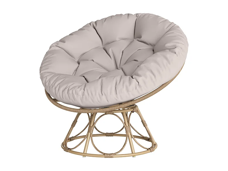 Fauteuil papasan rotatif 360°, en rattan, avec coussin, beige (90x78x76 cm)