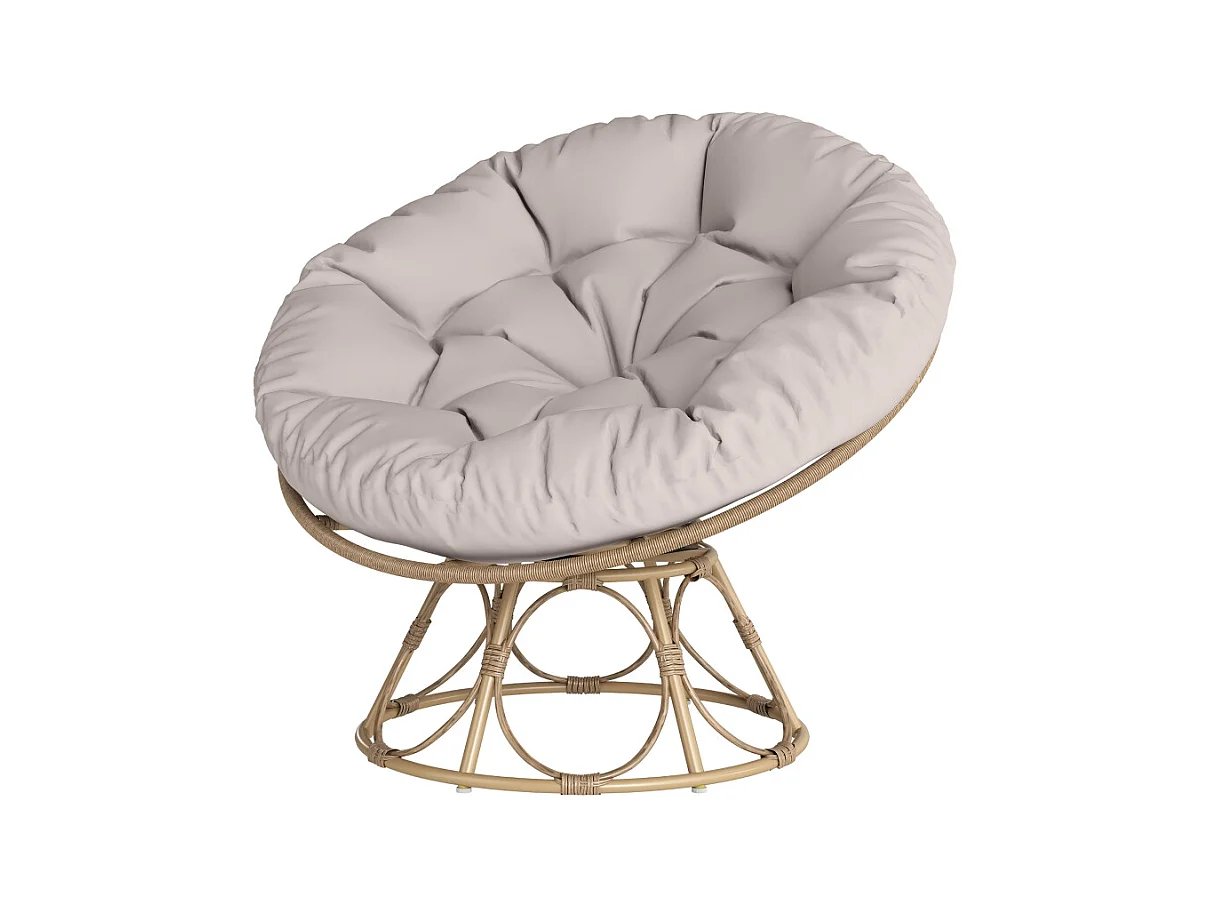 Fauteuil papasan rotatif 360°, en rattan, avec coussin, beige (90x78x76 cm)