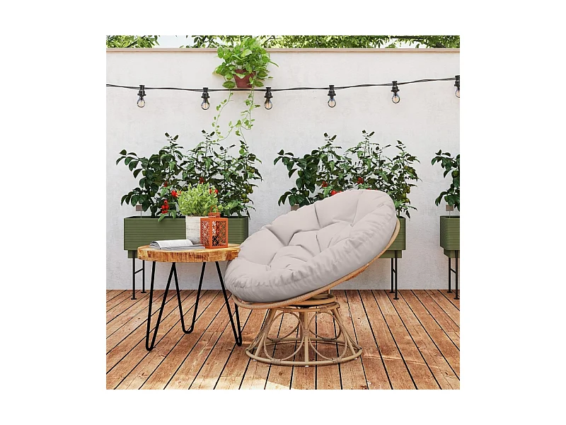 Fauteuil papasan rotatif 360°, en rattan, avec coussin, beige (90x78x76 cm)