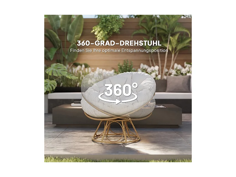 Fauteuil papasan rotatif 360°, en rattan, avec coussin, beige (90x78x76 cm)