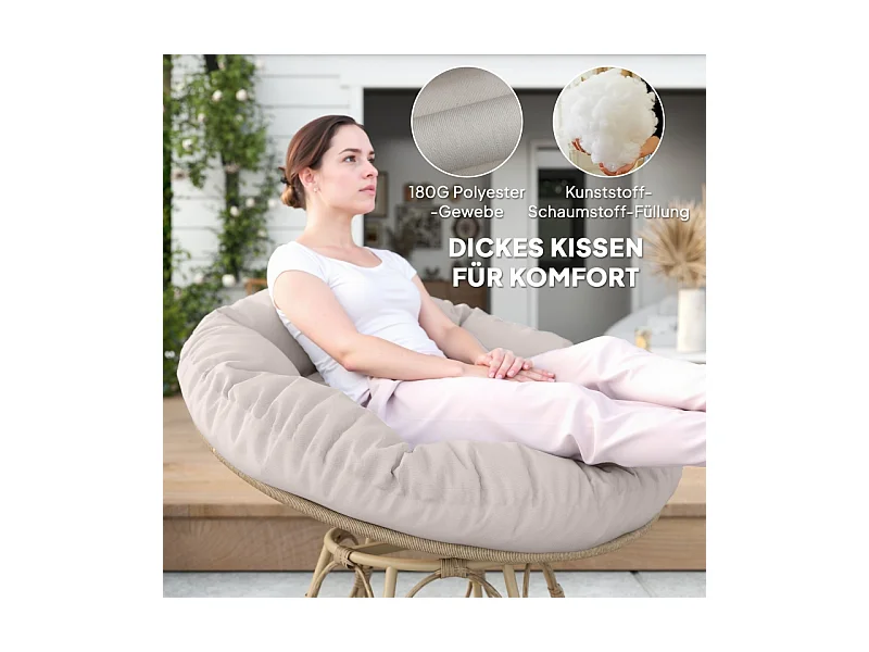 Fauteuil papasan rotatif 360°, en rattan, avec coussin, beige (90x78x76 cm)