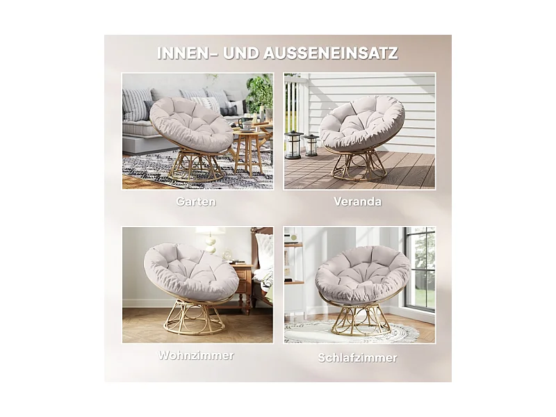 Fauteuil papasan rotatif 360°, en rattan, avec coussin, beige (90x78x76 cm)