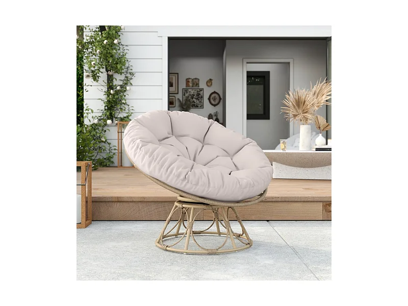Fauteuil papasan rotatif 360°, en rattan, avec coussin, beige (90x78x76 cm)