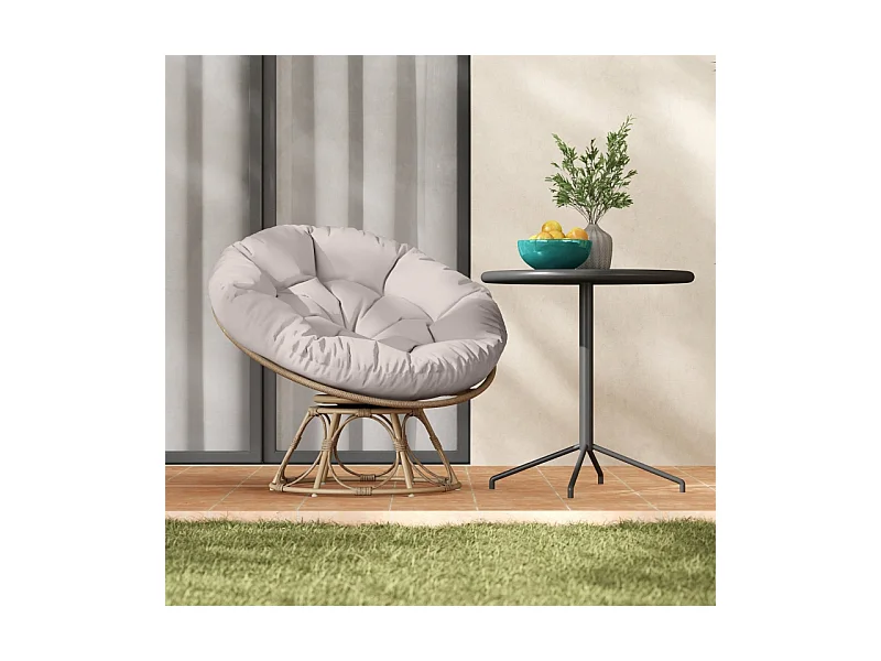 Fauteuil papasan rotatif 360°, en rattan, avec coussin, beige (90x78x76 cm)