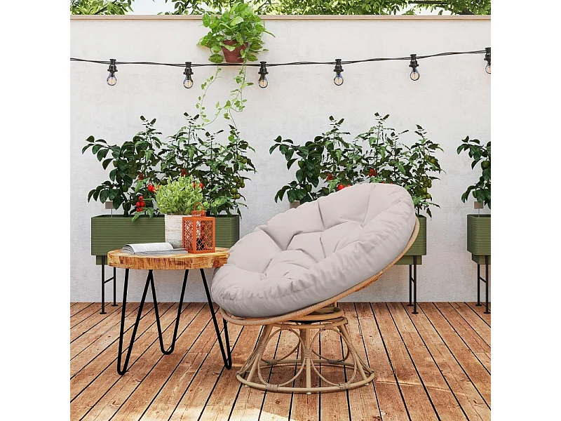 Fauteuil papasan rotatif 360°, en rattan, avec coussin, beige (90x78x76 cm)