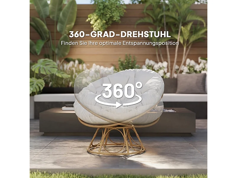 Fauteuil papasan rotatif 360°, en rattan, avec coussin, beige (90x78x76 cm)