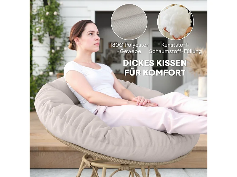 Fauteuil papasan rotatif 360°, en rattan, avec coussin, beige (90x78x76 cm)