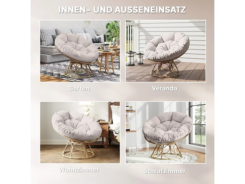 Fauteuil papasan rotatif 360°, en rattan, avec coussin, beige (90x78x76 cm)