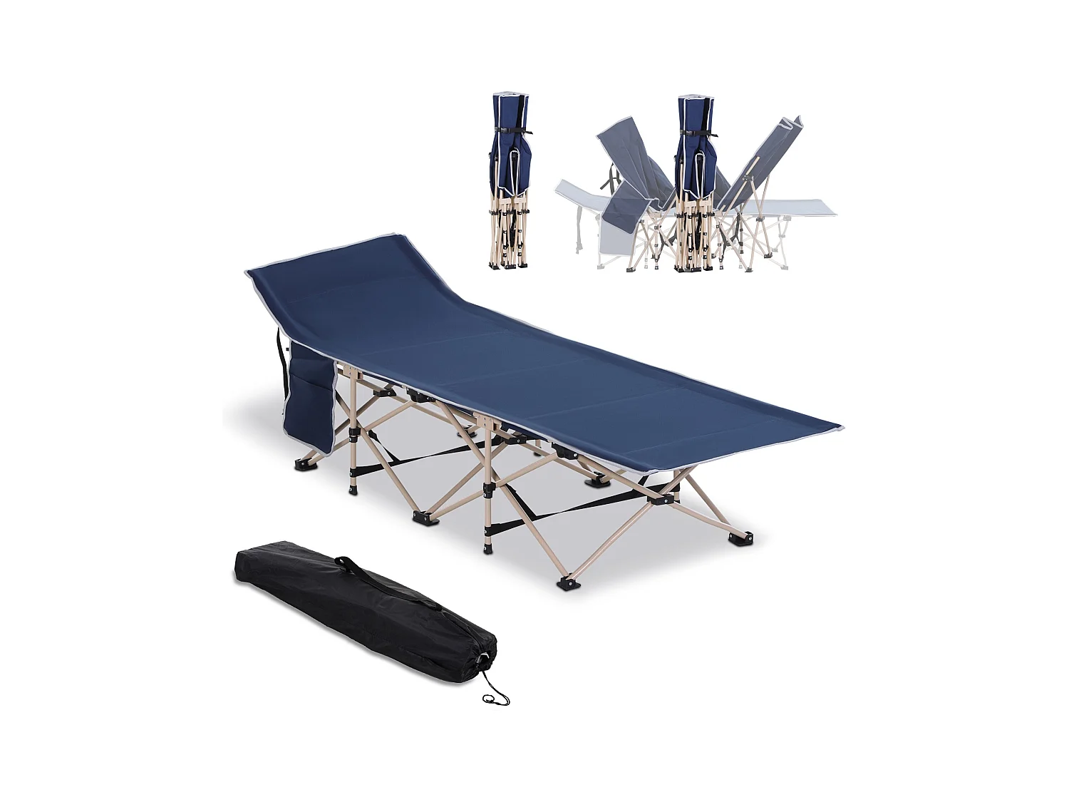 Lit de camping pliable avec sac de rangement, acier et oxford, bleu (190x68x52 cm)