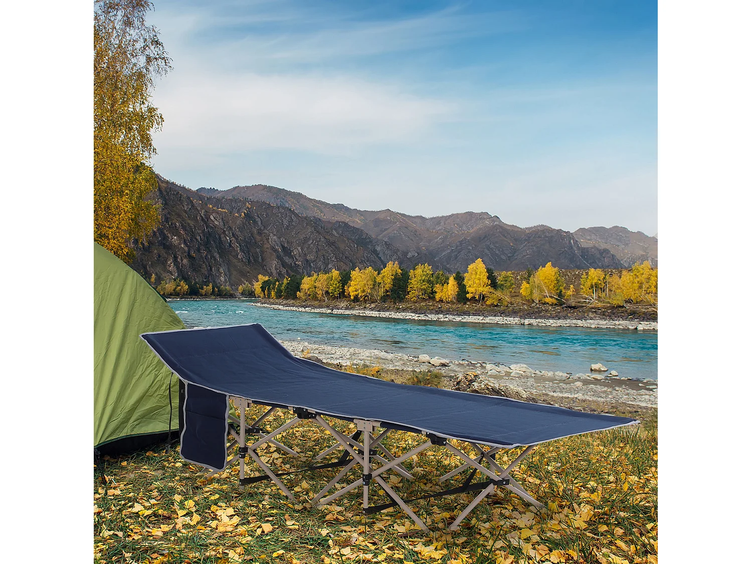 Lit de camping pliable avec sac de rangement, acier et oxford, bleu (190x68x52 cm)