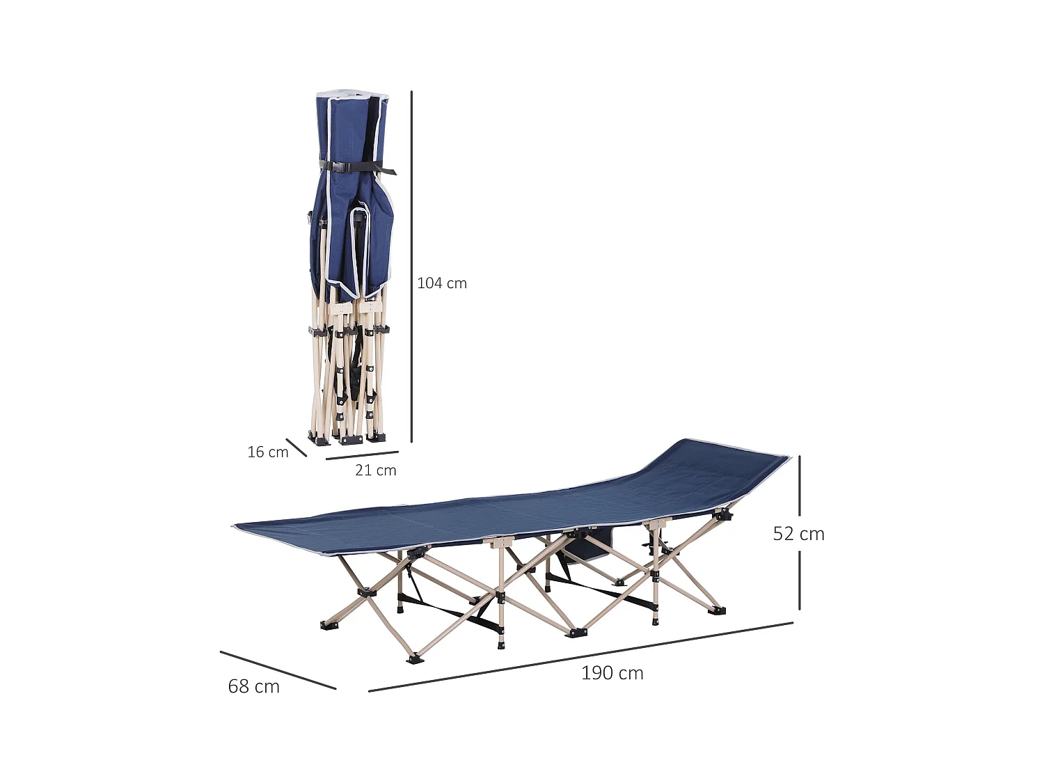 Lit de camping pliable avec sac de rangement, acier et oxford, bleu (190x68x52 cm)