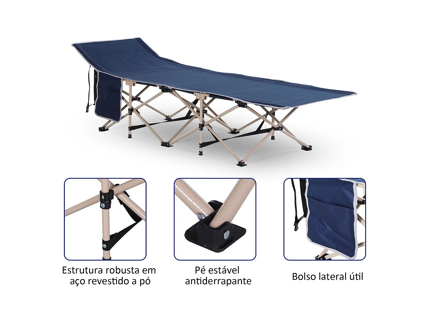 Lit de camping pliable avec sac de rangement, acier et oxford, bleu (190x68x52 cm)