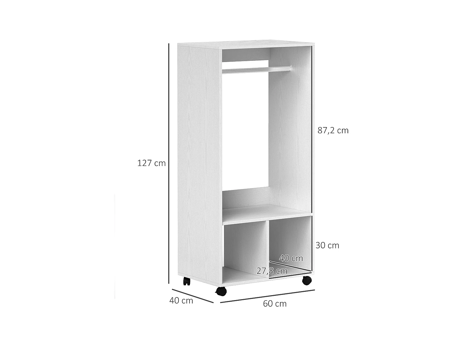 Armoire mobile pour vêtements, avec étagère, aluminium, blanc (60x40x127 cm)