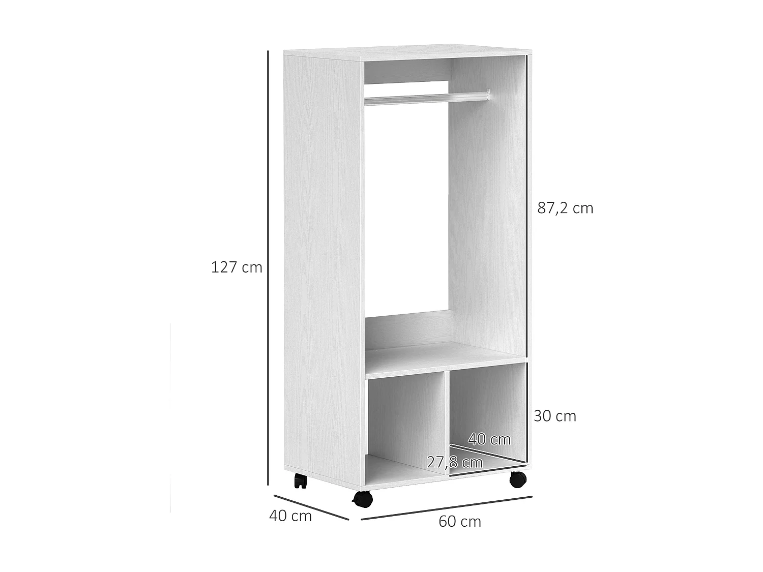 Armoire mobile pour vêtements, avec étagère, aluminium, blanc (60x40x127 cm)