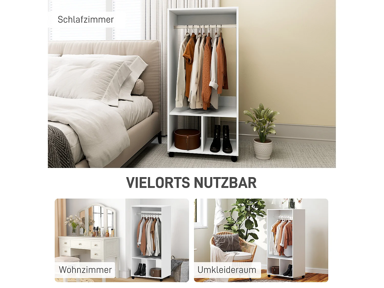 Armoire mobile pour vêtements, avec étagère, aluminium, blanc (60x40x127 cm)