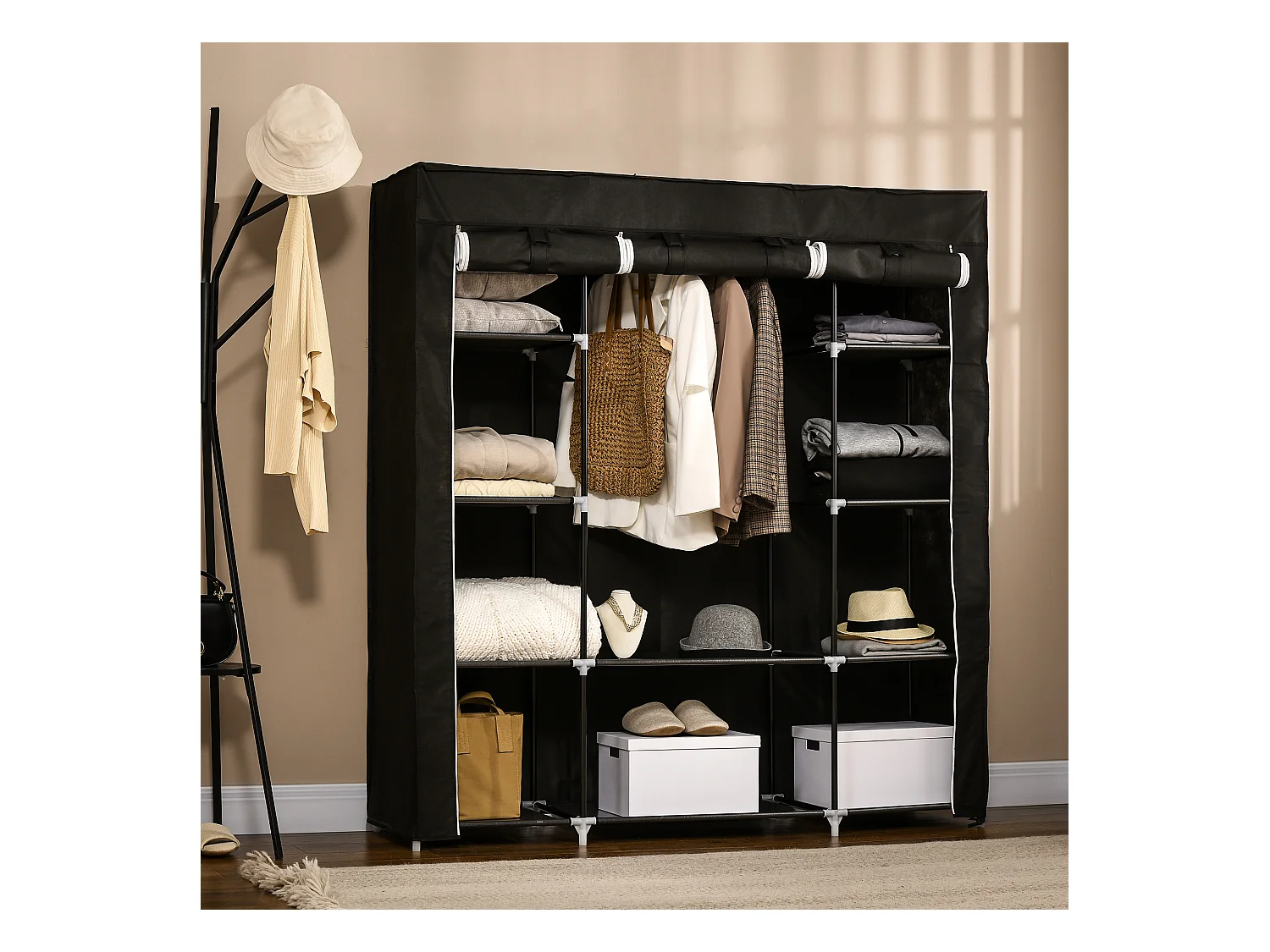 Armoire à vêtements en tissu avec 1 barre de suspension, 10 étagères, noir (150x43x162.5 cm)