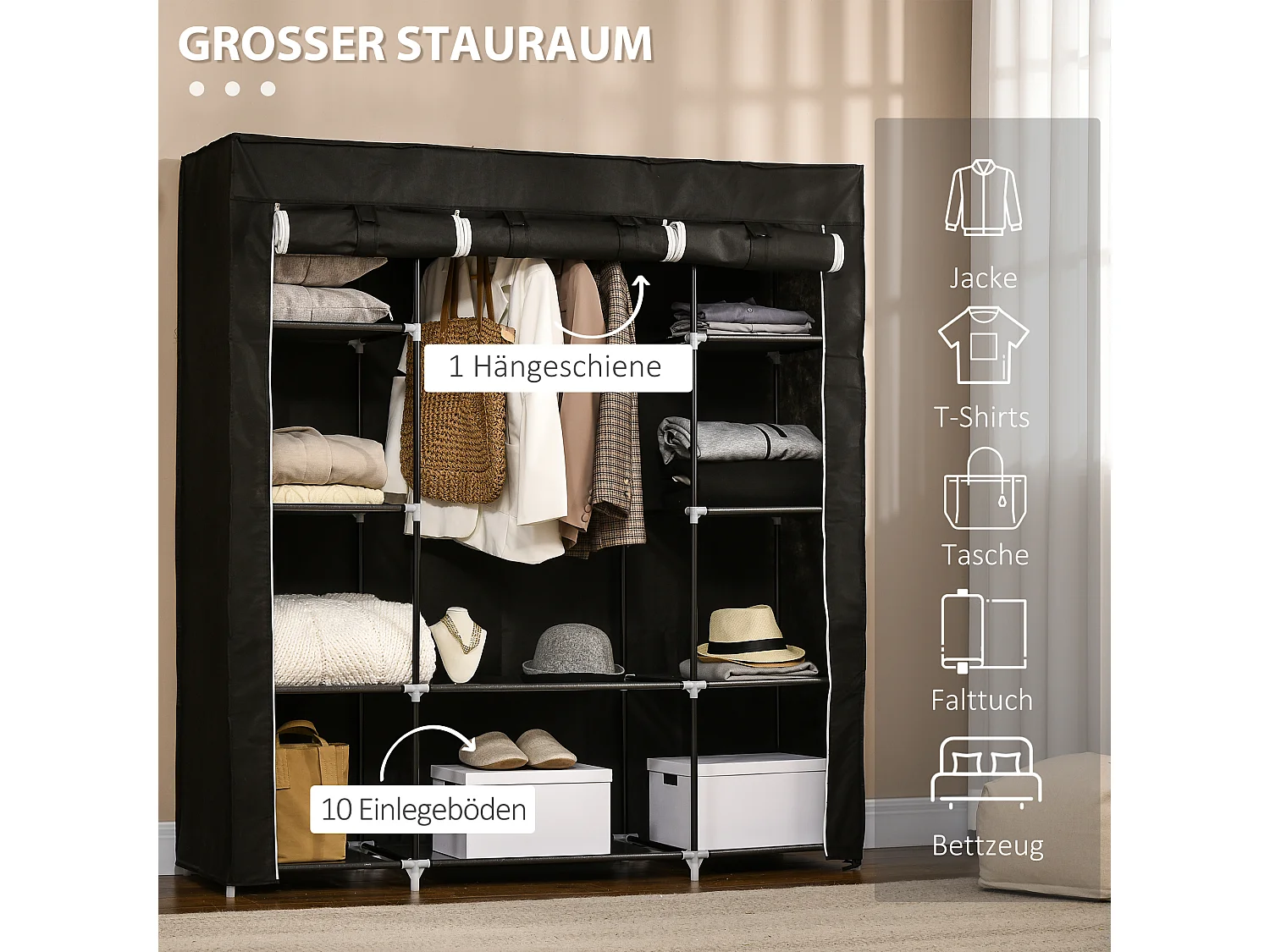 Armoire à vêtements en tissu avec 1 barre de suspension, 10 étagères, noir (150x43x162.5 cm)