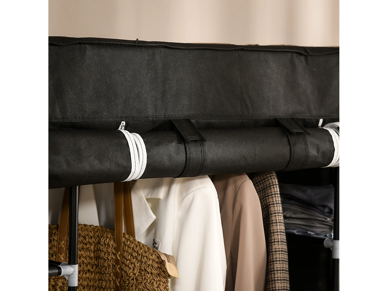 Armoire à vêtements en tissu avec 1 barre de suspension, 10 étagères, noir (150x43x162.5 cm)