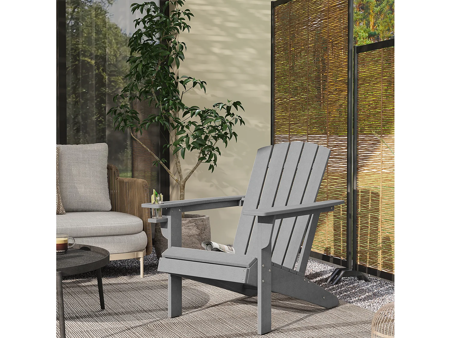 Chaise Adirondack avec porte-gobelet, plastique HDPE, gris (75x87x90 cm)