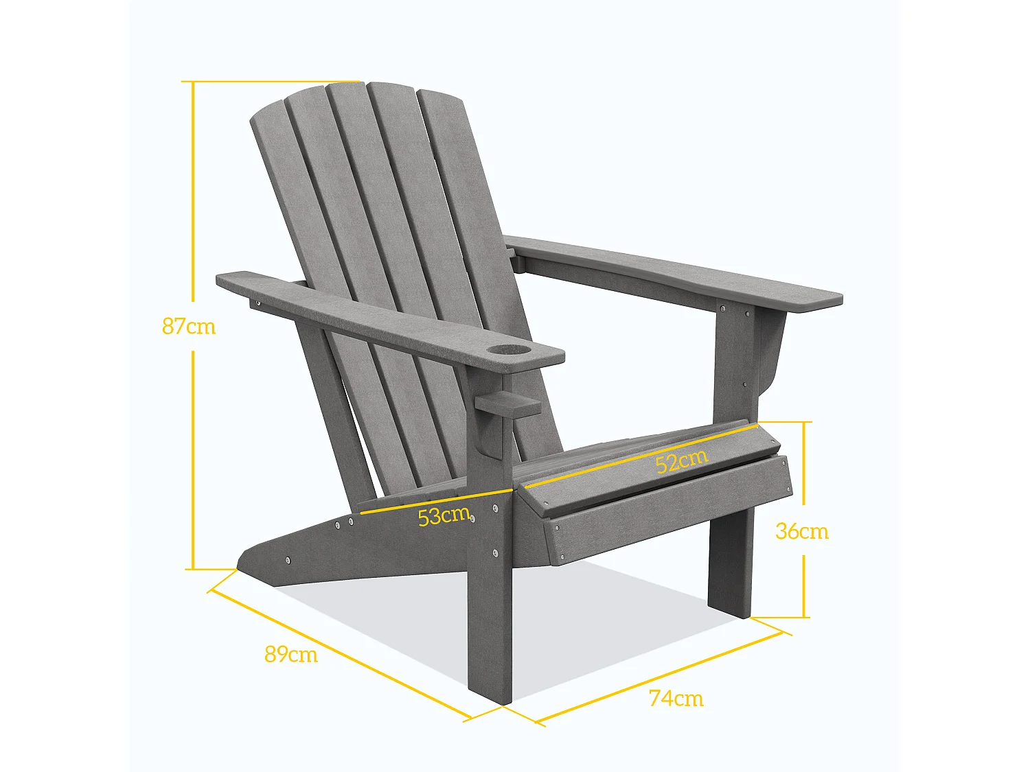 Chaise Adirondack avec porte-gobelet, plastique HDPE, gris (75x87x90 cm)
