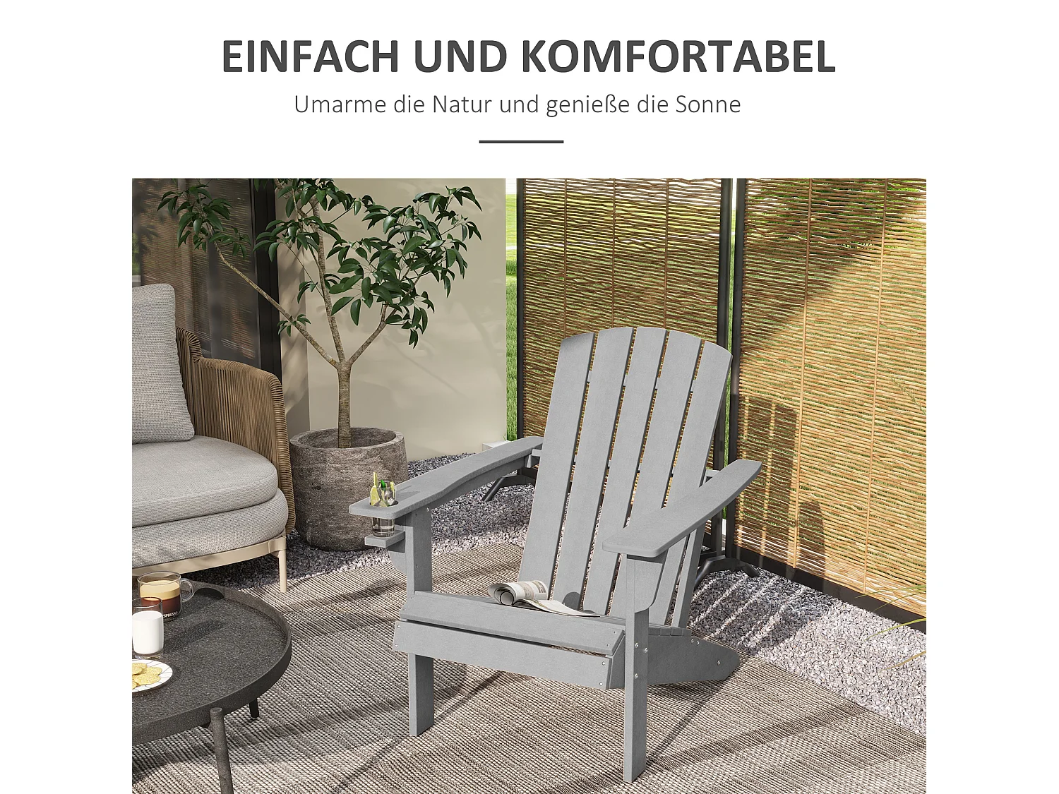 Chaise Adirondack avec porte-gobelet, plastique HDPE, gris (75x87x90 cm)