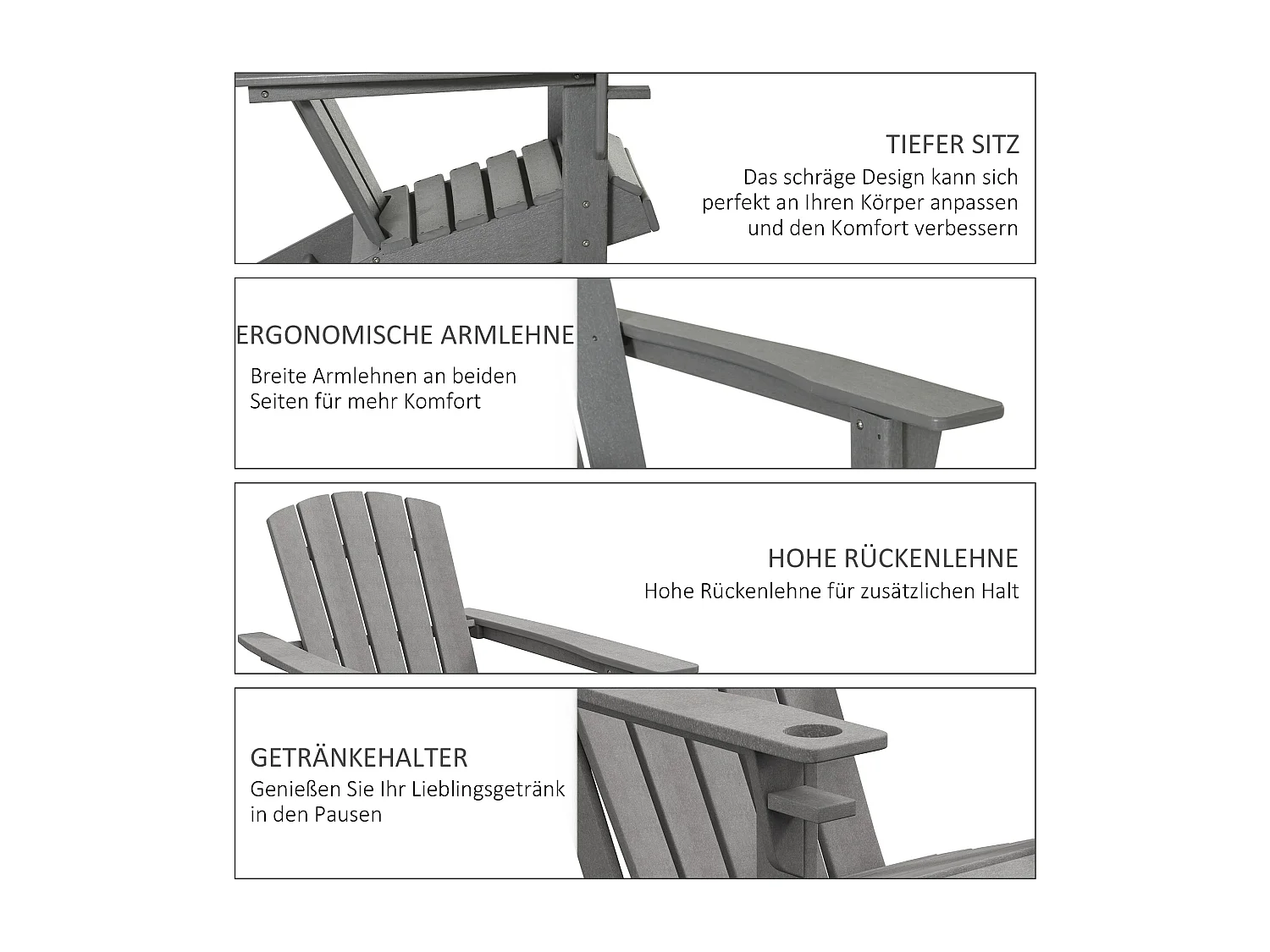 Chaise Adirondack avec porte-gobelet, plastique HDPE, gris (75x87x90 cm)