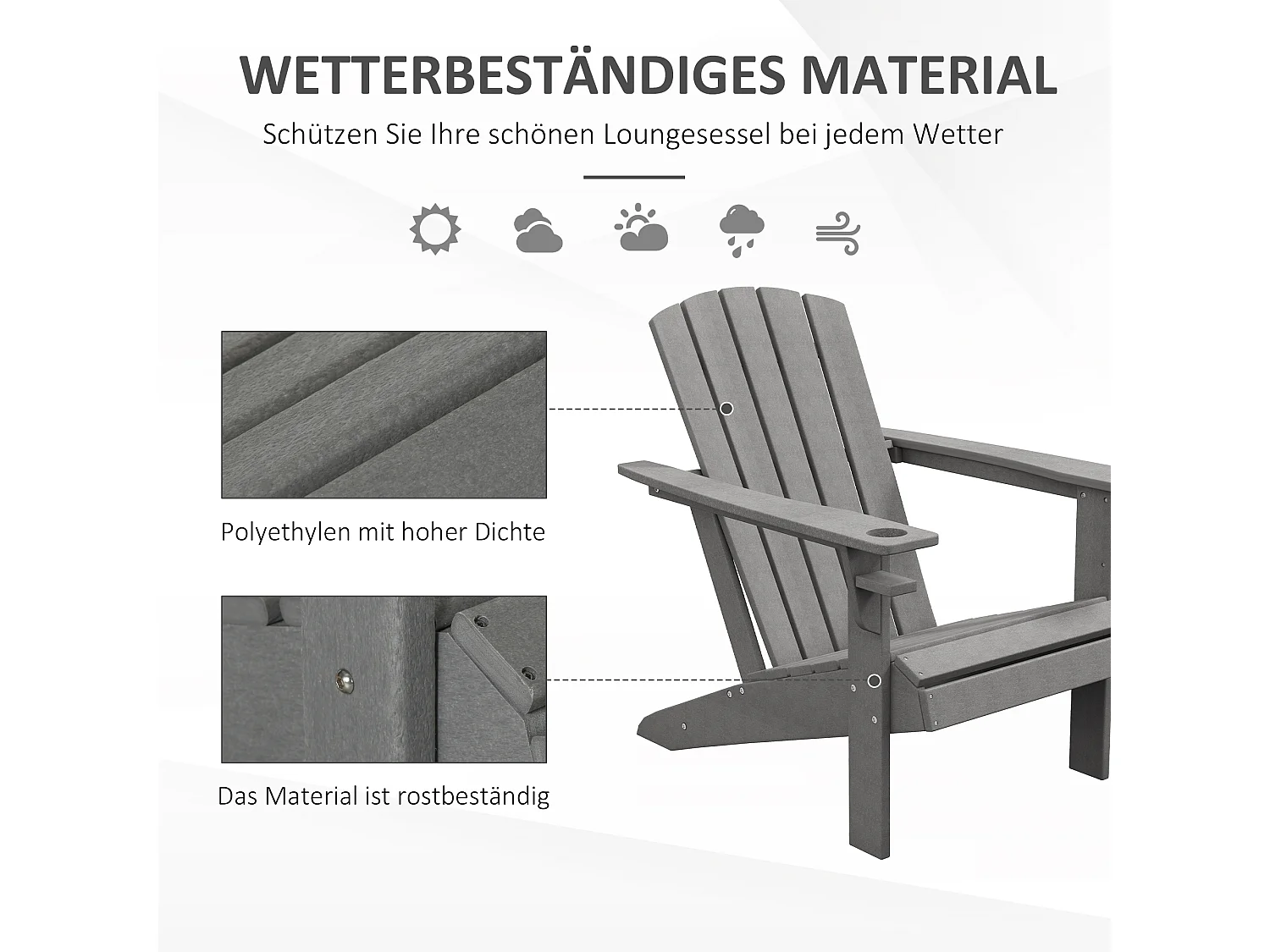 Chaise Adirondack avec porte-gobelet, plastique HDPE, gris (75x87x90 cm)