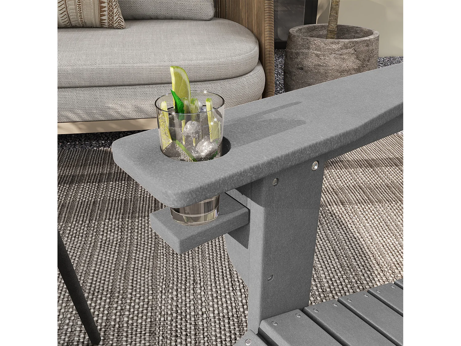 Chaise Adirondack avec porte-gobelet, plastique HDPE, gris (75x87x90 cm)