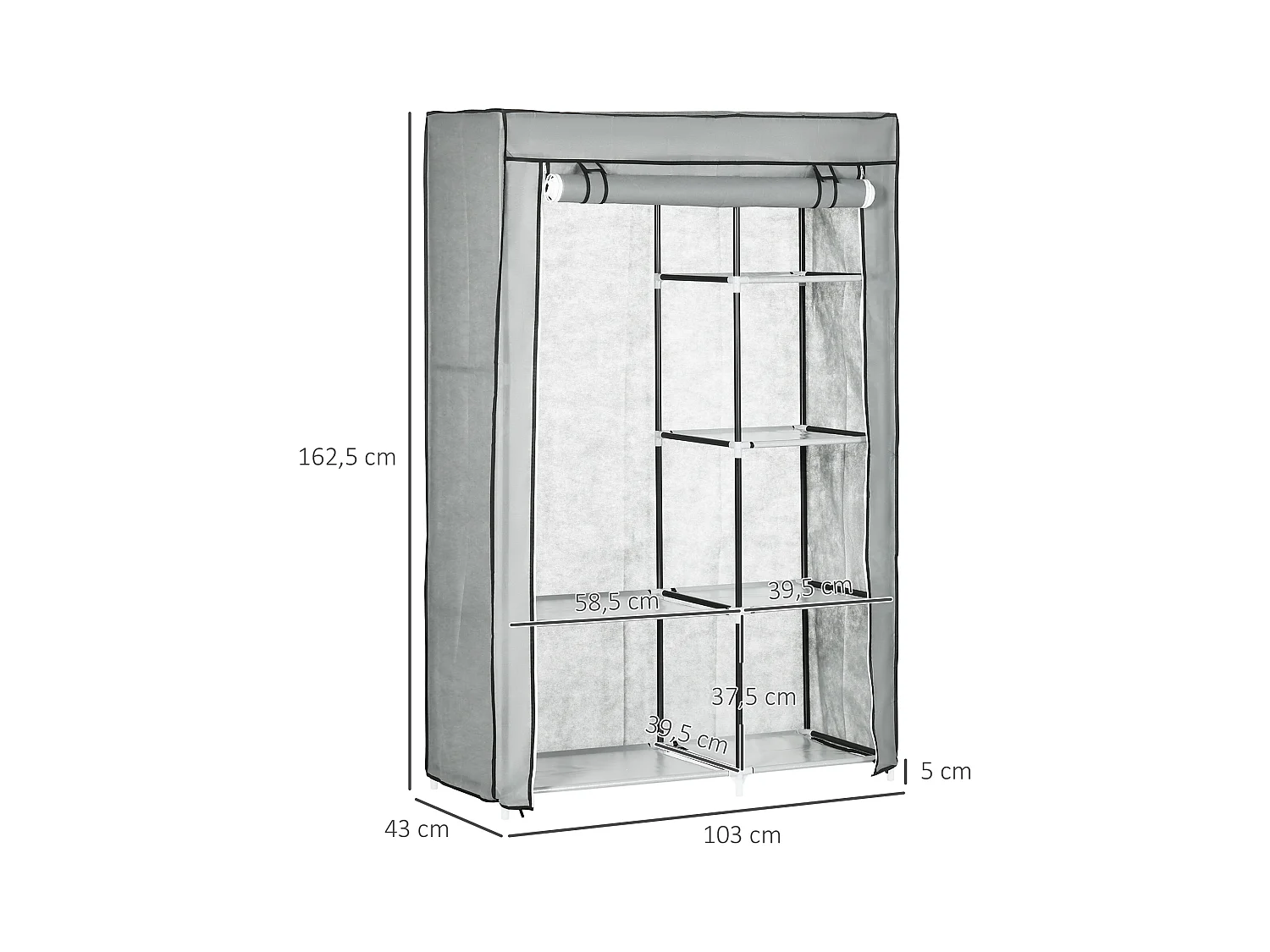 Armoire à vêtements pliable avec 6 étagères, en tissu, gris (103x43x162.5 cm)