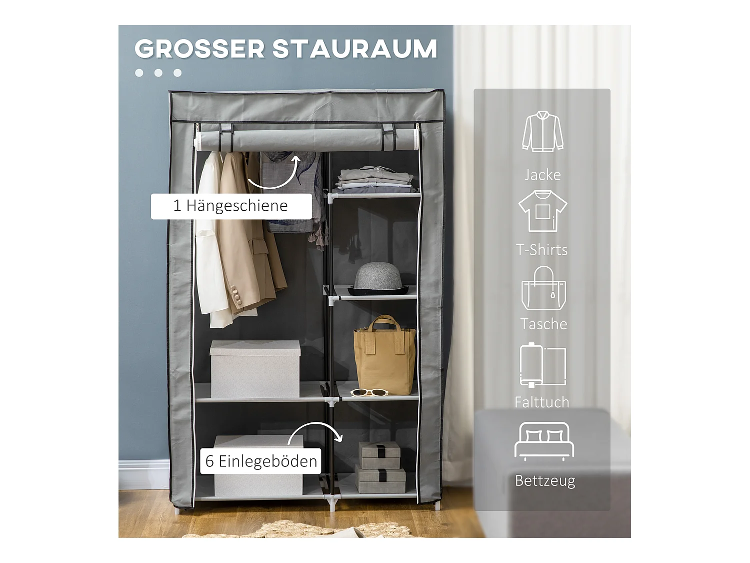 Armoire à vêtements pliable avec 6 étagères, en tissu, gris (103x43x162.5 cm)